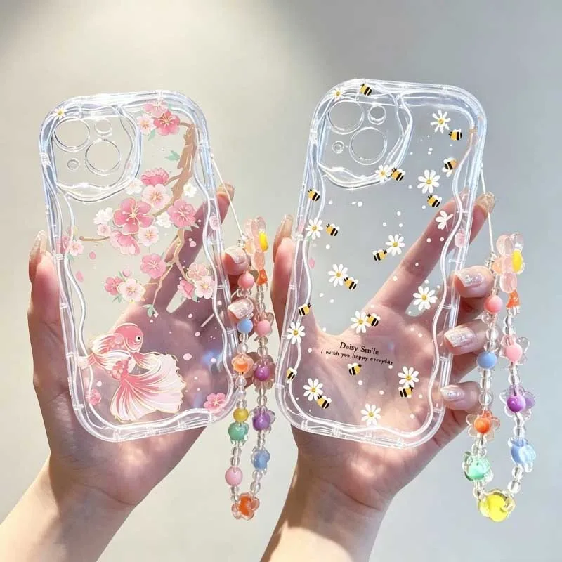 Cute Cartoon Wrist Strap Silicone Case - Милый чехол с узором «Улыбающаяся пчелка